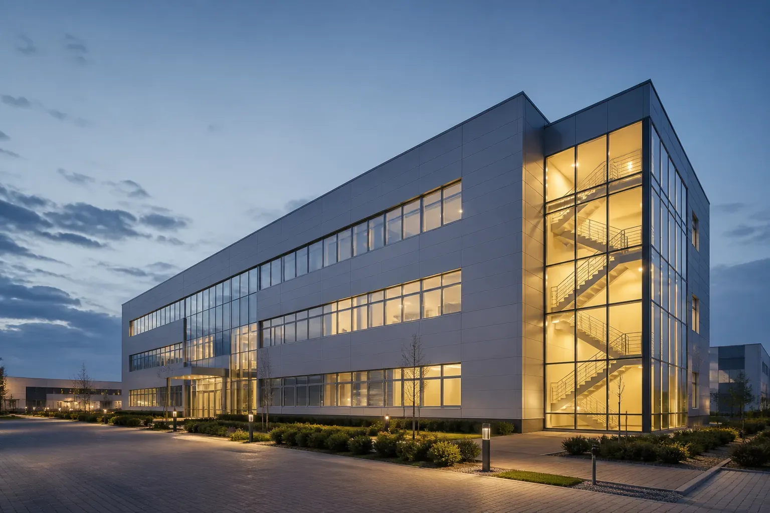 Modern pharmaceutical manufacturing building exterior at dusk