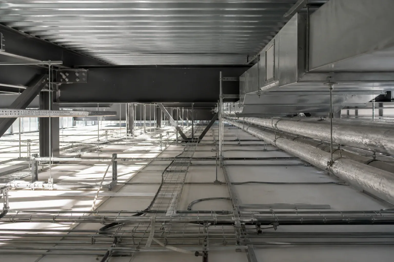 Building services and ducting routed above a cleanroom ceiling void