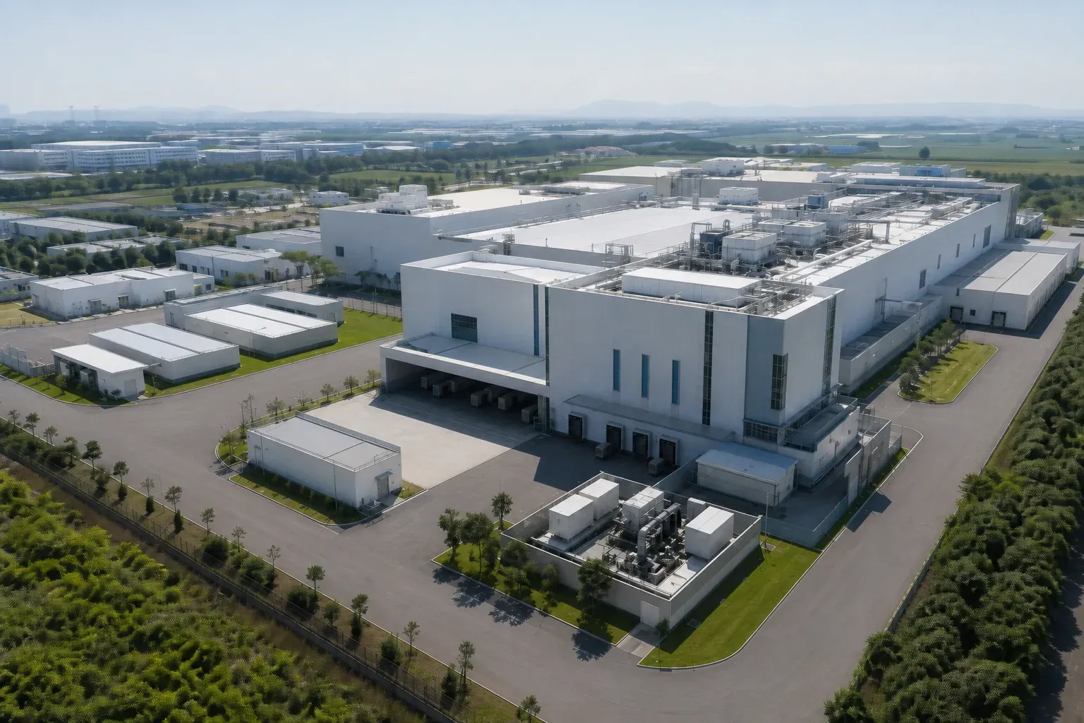 Aerial view of an industrial pharmaceutical facility campus