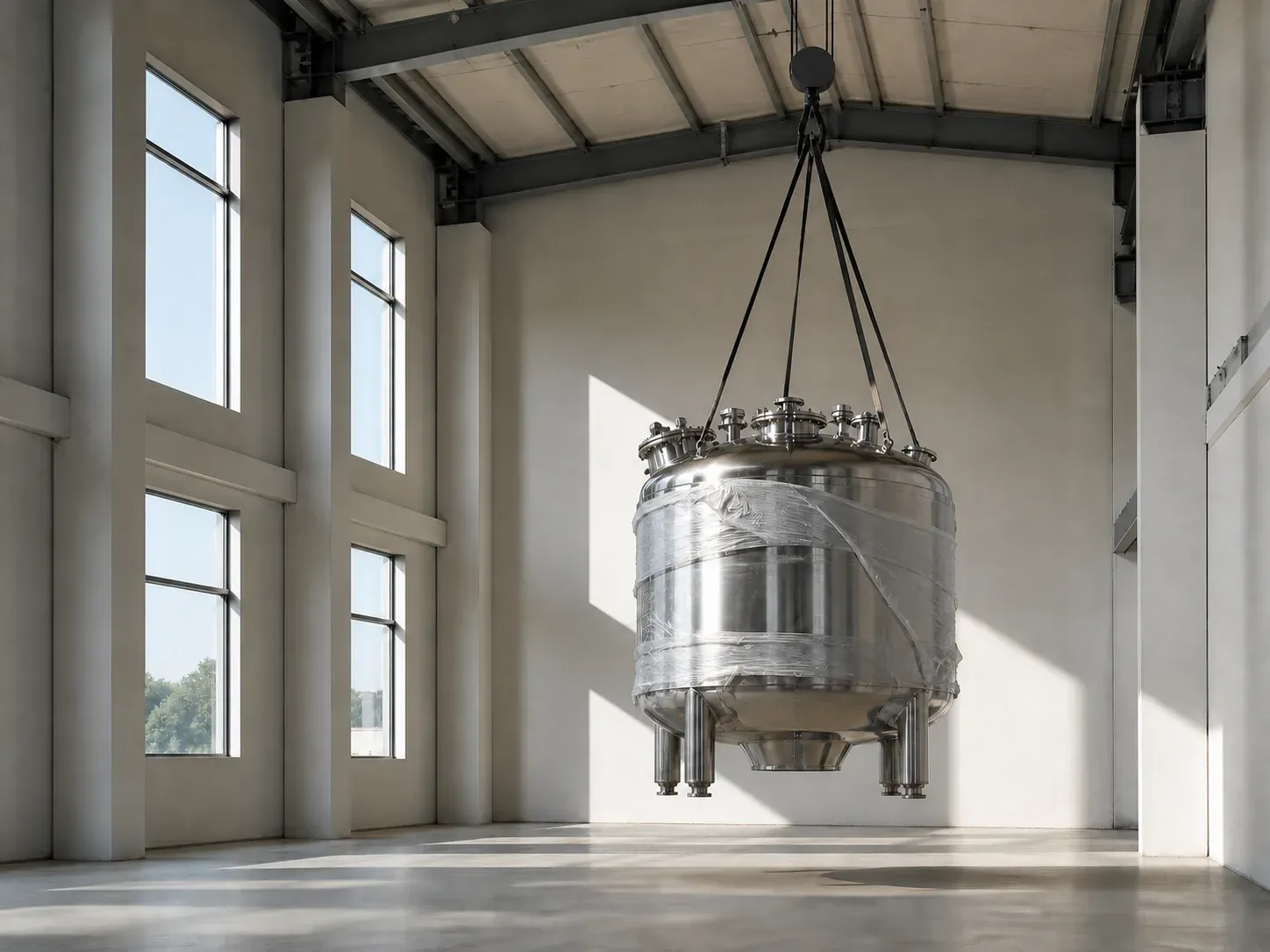 Stainless process vessel being positioned in an empty production room