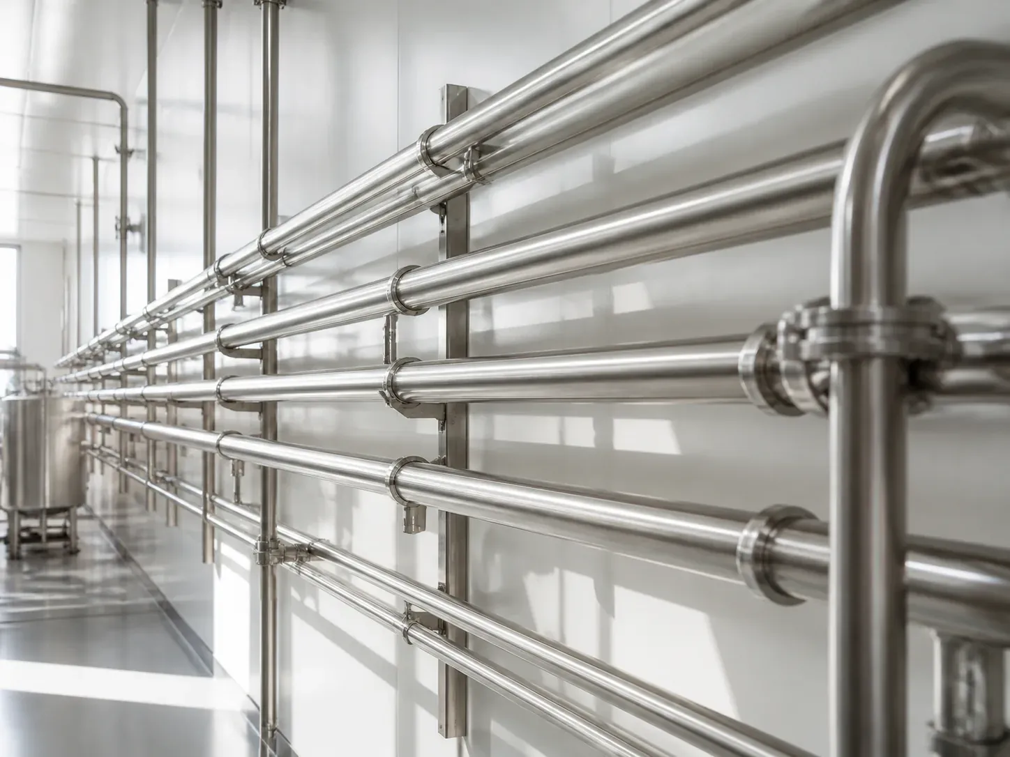 Stainless sanitary pipework runs against a cleanroom wall