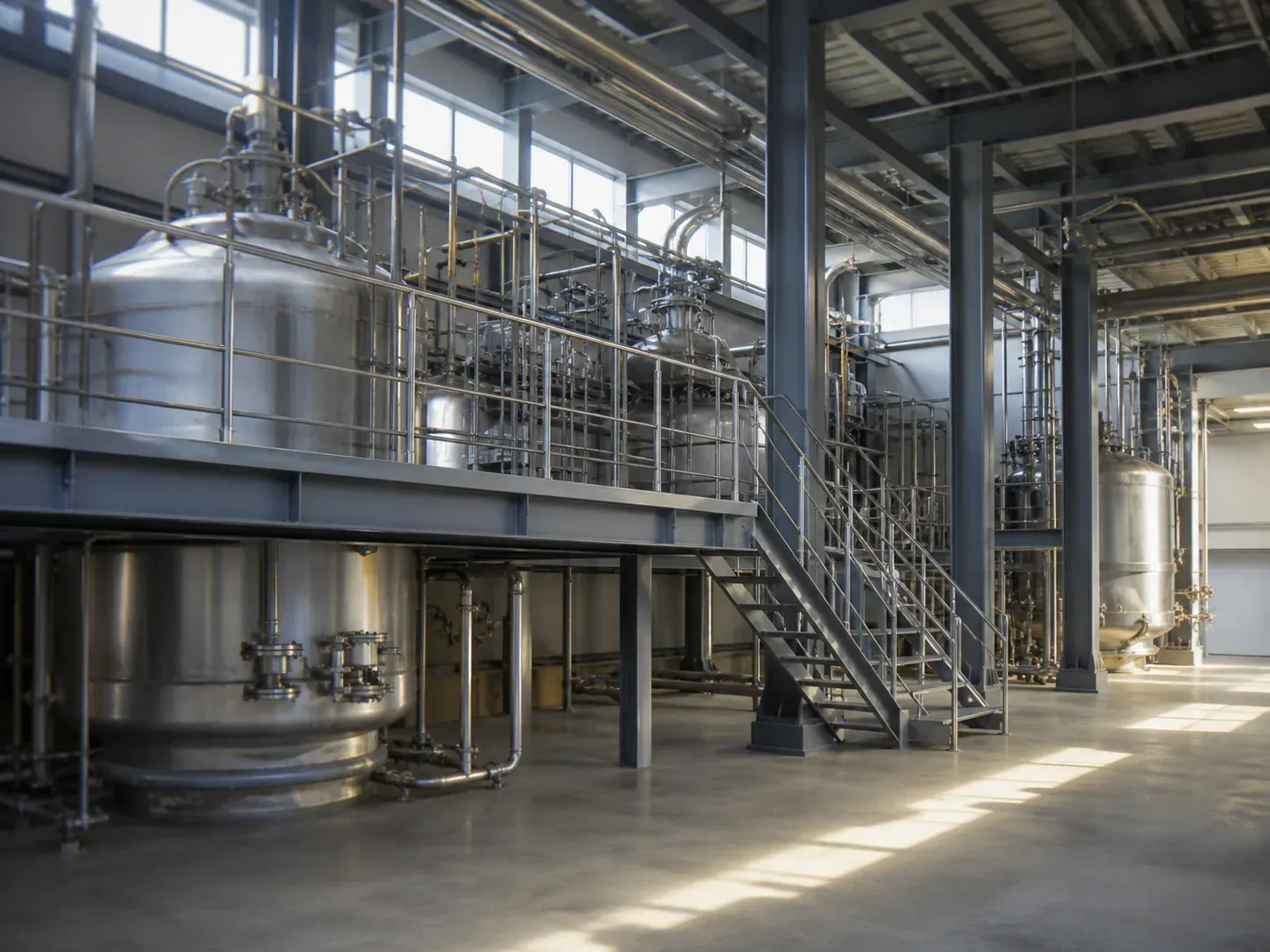 Stainless reactors and process vessels in an API production block