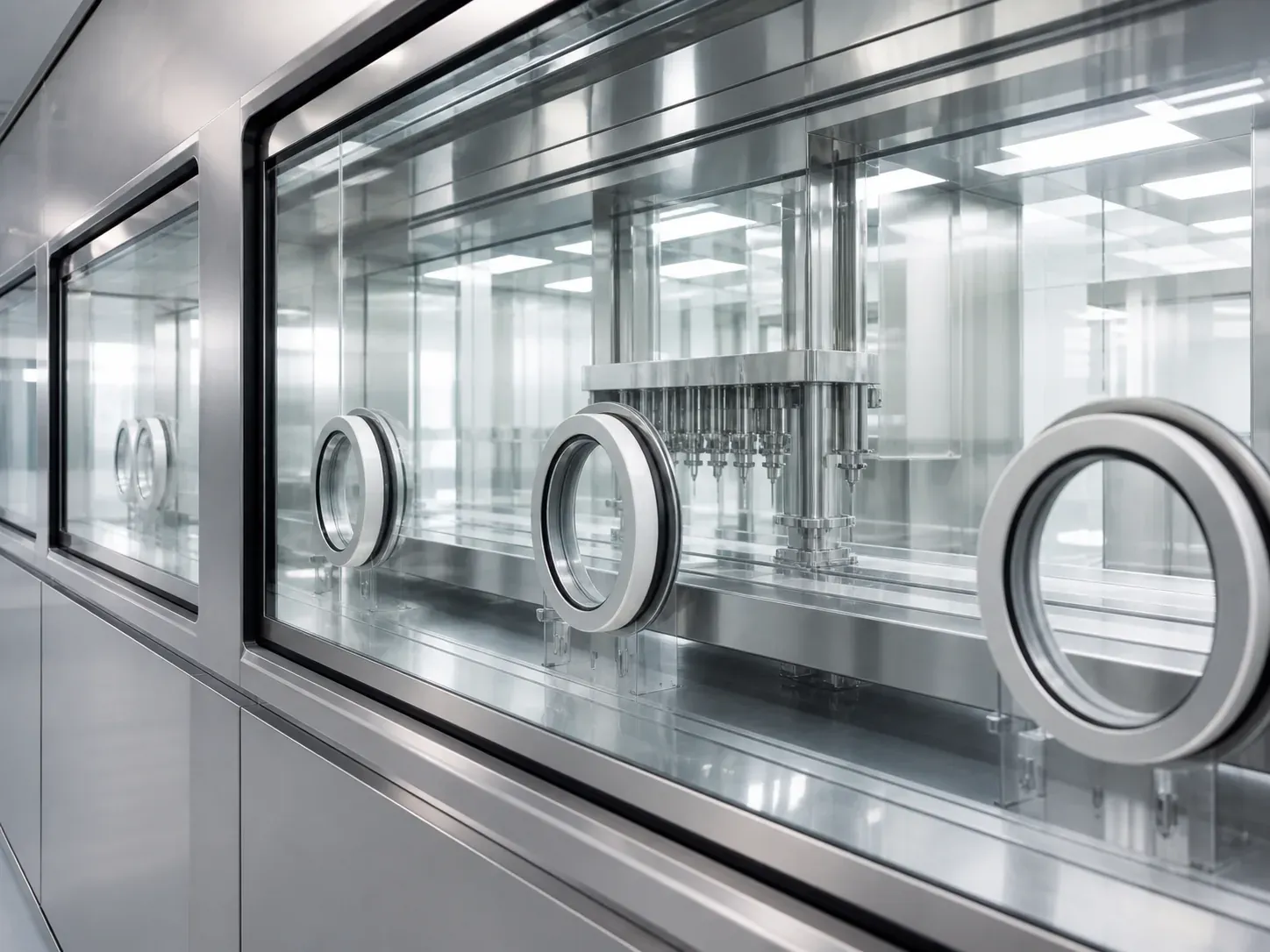 Aseptic filling area behind glass barrier panels