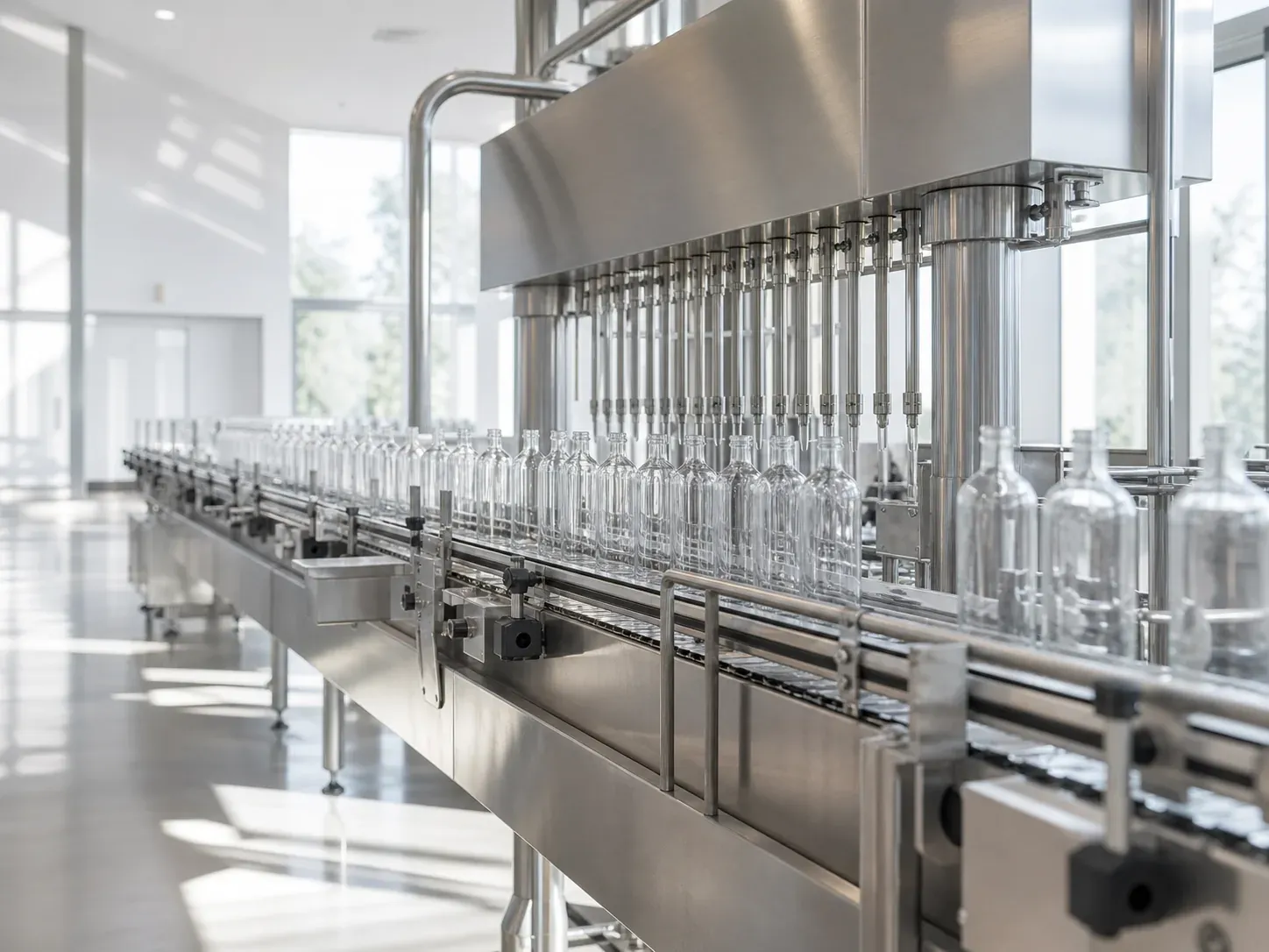 Liquid filling line with bottles on a conveyor