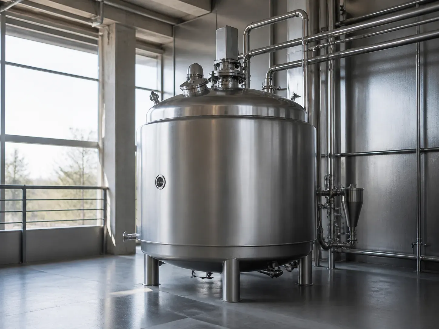 Jacketed stainless mixing vessel in a clean production area